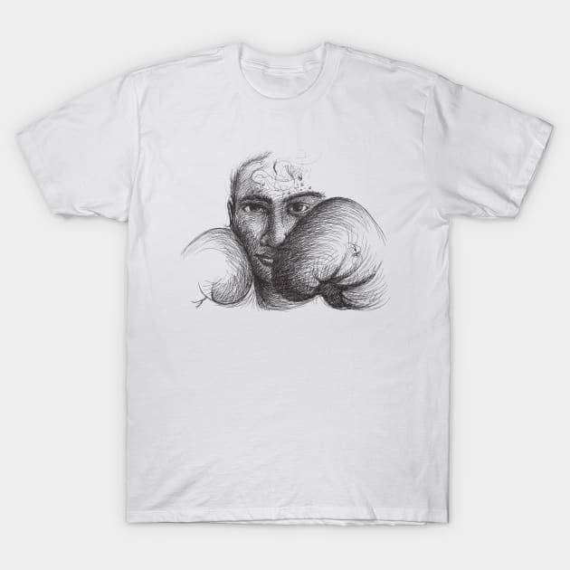 Woman Boxer with Boxing Gloves Black and White Hand Drawn Illustration T-Shirt by GeeTee